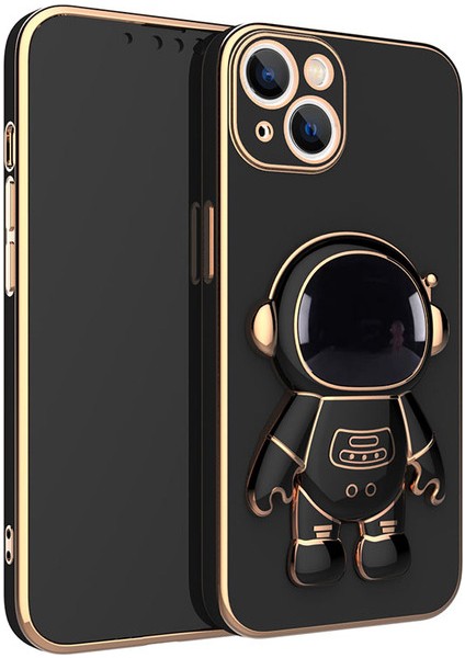 Apple iPhone 14 Kılıf Kamera Korumalı Astronot Standlı Desenli Standlı Silikon Siyah