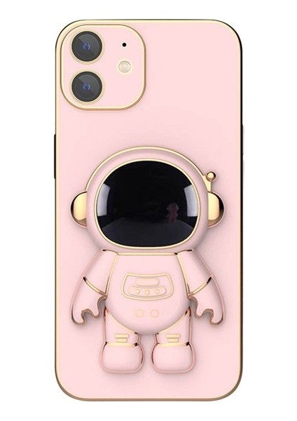 Apple iPhone 12 Kılıf Kamera Korumalı Astronot Standlı Desenli Standlı Silikon Pembe
