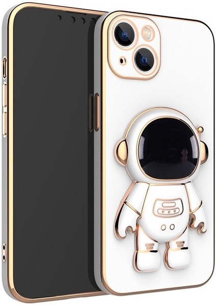 Apple iPhone 14 Kılıf Kamera Korumalı Astronot Standlı Desenli Standlı Silikon Beyaz