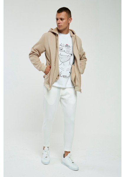 Bej Kapüşonlu,fermuarli Erkek Sweatshirt