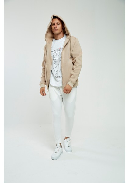 Bej Kapüşonlu,fermuarli Erkek Sweatshirt