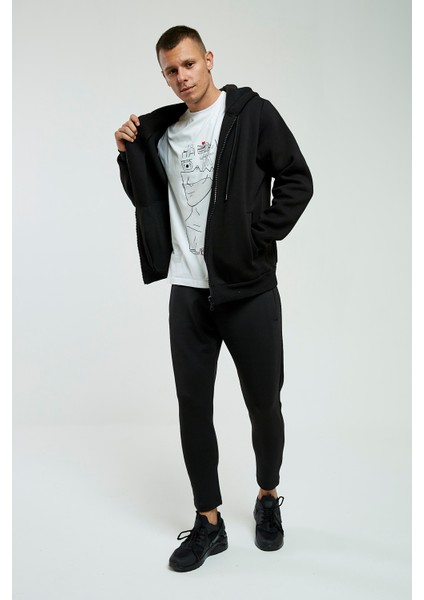 Siyah Kapüşonlu, Fermuarli Erkek Sweatshirt