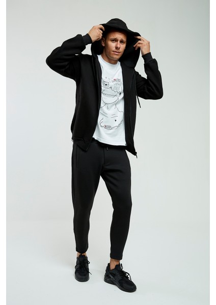 Siyah Kapüşonlu, Fermuarli Erkek Sweatshirt