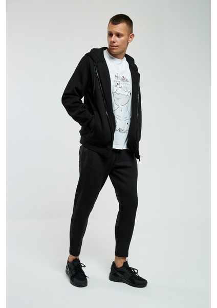 Siyah Kapüşonlu, Fermuarli Erkek Sweatshirt