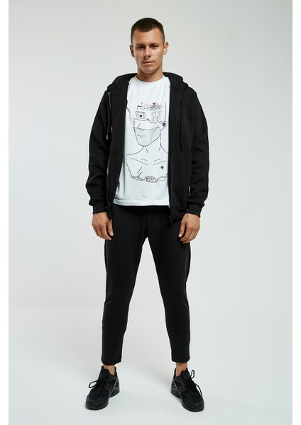 Siyah Kapüşonlu, Fermuarli Erkek Sweatshirt