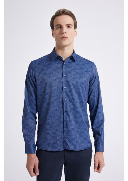 Slim Fit Indigo Baskılı Gömlek 9EC02AD04259Y fiyatları