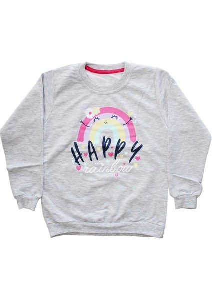 Kız Çocuk Gri Happy Gökkuşağı Baskılı Tek Üst Sweat