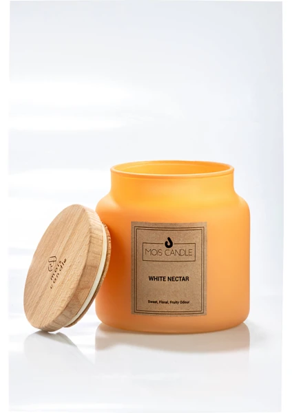 Mois Candle Beyaz Nektarin Kokulu - 3 Fitilli Mat Soft Turuncu Ahşap Kapaklı Kavanoz Mum - 700 G