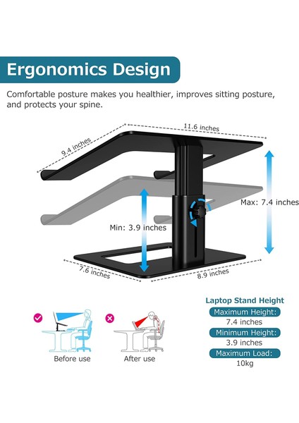 Masa Için Ayarlanabilir Dizüstü Bilgisayar Standı Asansörlü Laptop Standı 10- 17.3 İnç Yükseklik Ayarlı Sehpa Gri