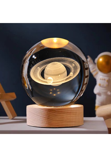 Işıklı Ahşap Kaideli Satürn Cam Küre 8cm*6cm