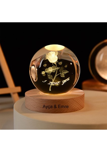 Işıklı Ahşap Kaideli Aşk ve Gül Cam Küre 8cm*6cm