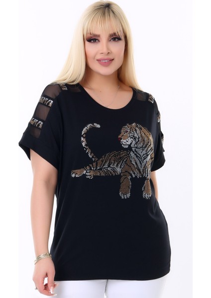 Yuvarlak Yaka Koldan Omzu Tül Şeritli Kaplan Taş Baskılı Esnek Şık ve Cool Likralı Büyük Beden Bluz