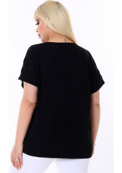 Yuvarlak Yaka Koldan Omzu Tül Şeritli Kaplan Taş Baskılı Esnek Şık ve Cool Likralı Büyük Beden Bluz fiyatları