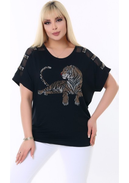 Yuvarlak Yaka Koldan Omzu Tül Şeritli Kaplan Taş Baskılı Esnek Şık ve Cool Likralı Büyük Beden Bluz fırsatları
