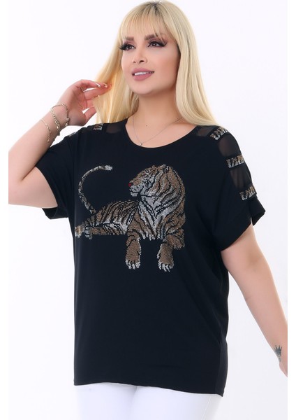 Yuvarlak Yaka Koldan Omzu Tül Şeritli Kaplan Taş Baskılı Esnek Şık ve Cool Likralı Büyük Beden Bluz indirimleri