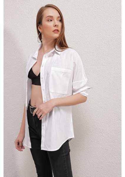 20153 Tek Cepli Oversize Gömlek - Beyaz