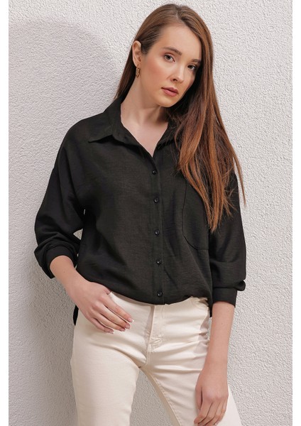 20153 Tek Cepli Oversize Gömlek - Siyah