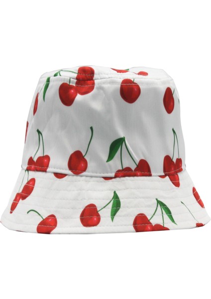 Kiraz Desenli Kova Balıkçı Şapka Bucket Hat-Beyaz