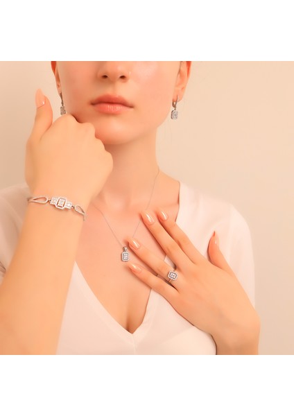 925 Ayar Gümüş Trapez Taşlı Kolye-Küpe-Yüzük-Bileklik Set fırsatları