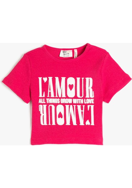 Crop Tişört Kısa Kollu Baskılı Bisiklet Yaka Fitilli