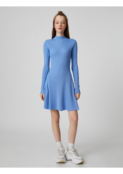 Triko Elbise Uzun Kollu Dik Yaka Fitilli modelleri