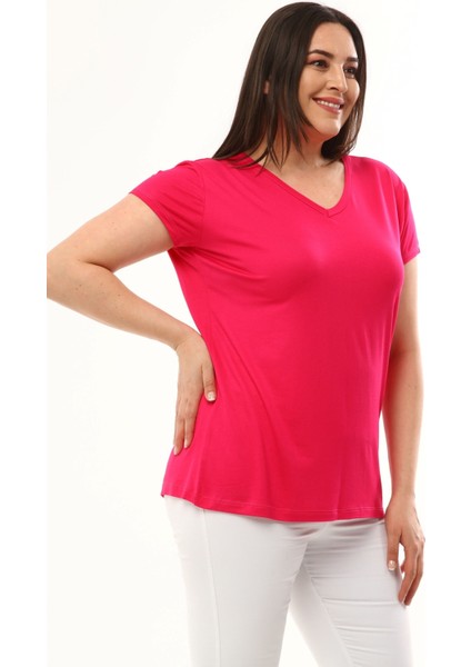 Kadın Büyük Beden V Yaka Basic Kısa Kollu Pembe Tişört10 fiyatları
