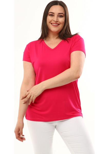 Kadın Büyük Beden V Yaka Basic Kısa Kollu Pembe Tişört10 modelleri