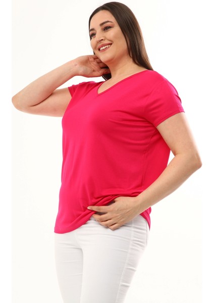 Kadın Büyük Beden V Yaka Basic Kısa Kollu Pembe Tişört10 fırsatları