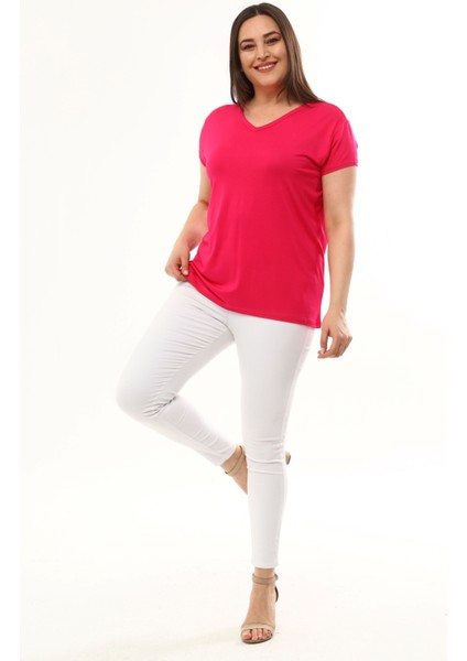 Kadın Büyük Beden V Yaka Basic Kısa Kollu Pembe Tişört10 indirimleri