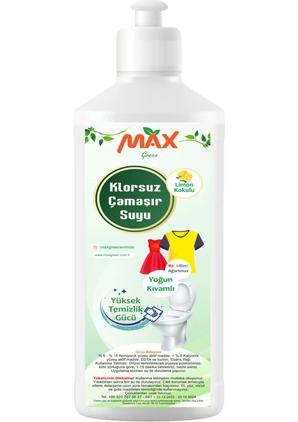 Max Green Klorsuz Bitkisel Çamaşır Suyu - Yoğun Kıvamlı - Limon Kokulu 1000 ml