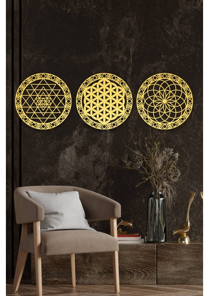 Yaşam Çiçeği,sri Yantra, Torus 3 Lü Set Duvar Dekoru Tablo