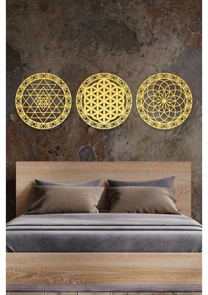 Yaşam Çiçeği,sri Yantra, Torus 3 Lü Set Duvar Dekoru Tablo modelleri