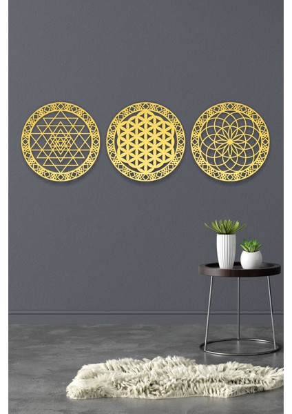Yaşam Çiçeği,sri Yantra, Torus 3 Lü Set Duvar Dekoru Tablo indirimleri