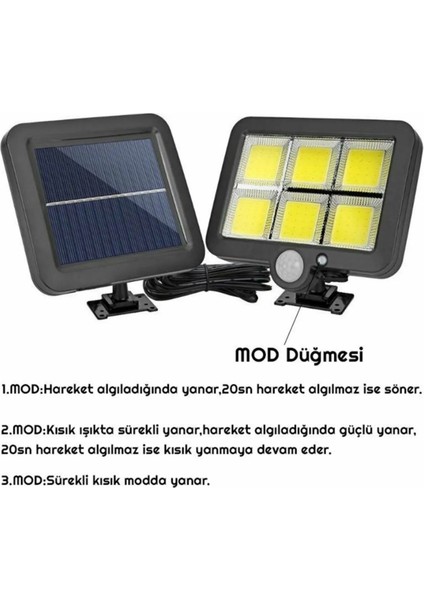 Kumandalı 3 Modlu Güneş Enerjili Solar 120 Cob LED Bahçe Lambası Hareket Sensörlü Duvar Aydınlatma