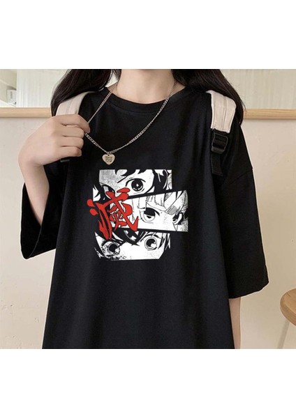 Demon Slayer Eyes Baskılı Siyah Oversize T-Shirt