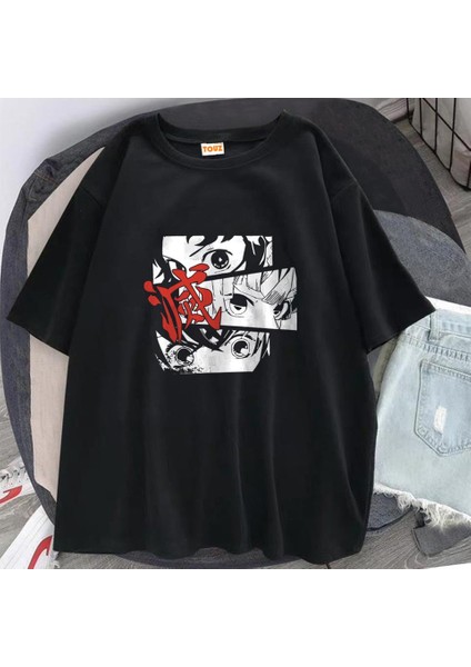 Demon Slayer Eyes Baskılı Siyah Oversize T-Shirt fiyatları