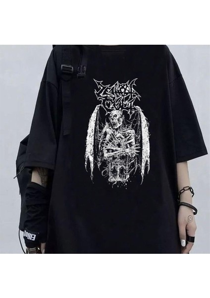 Gothic Devil Baskılı Siyah Oversize T-Shirt