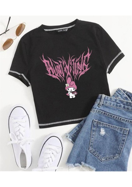 Pink Melody Baskılı Ters Dikiş Siyah Crop fiyatları