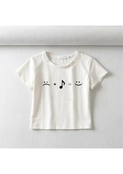 Music Equals Happiniess Baskılı Beyaz Crop fiyatları