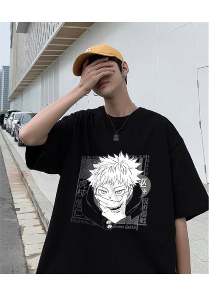 Jujutsu Kaisen Eyes Baskılı Siyah Oversize T-Shirt