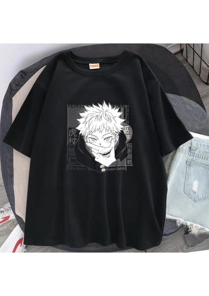 Jujutsu Kaisen Eyes Baskılı Siyah Oversize T-Shirt