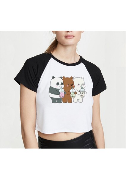 We Bare Bears Baskılı Reglan Kol Beyaz Crop