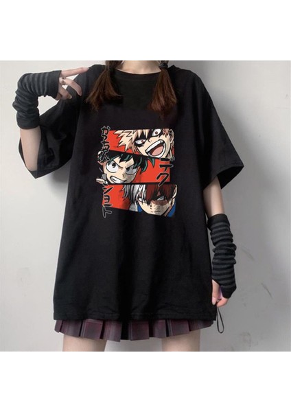 My Hero Academia Collage Baskılı Siyah Oversize T-Shirt