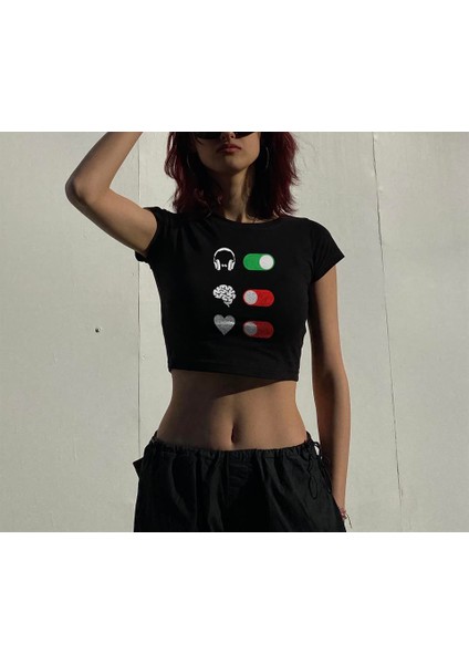 Yes Music No Some Things Baskılı Siyah Crop