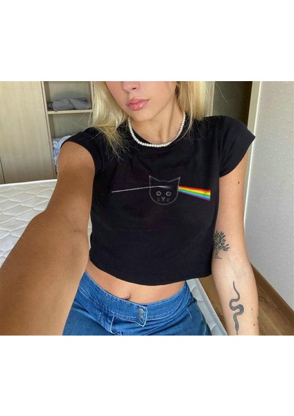 Pink Floyd Cat Baskılı Siyah Crop