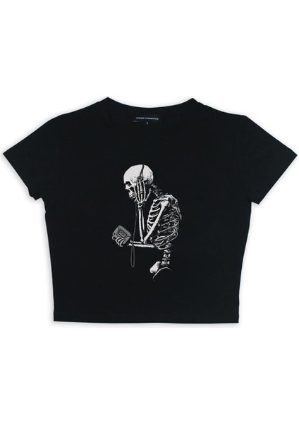 Skeleton With Headphones Baskılı Siyah Crop fiyatları
