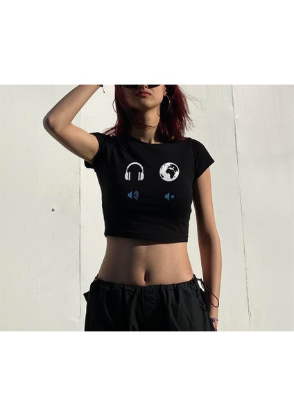 Yes Music No World Baskılı Siyah Crop