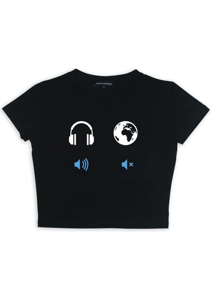 Yes Music No World Baskılı Siyah Crop fiyatları