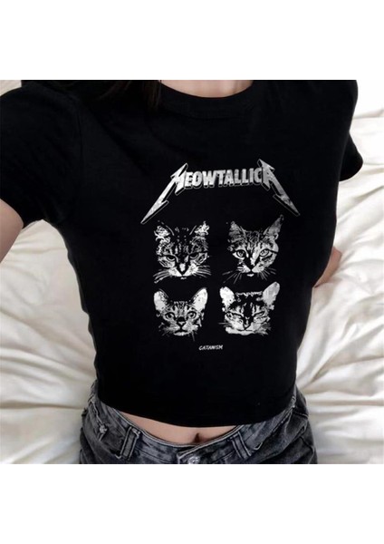 Meow'Tallica Baskılı Siyah Crop