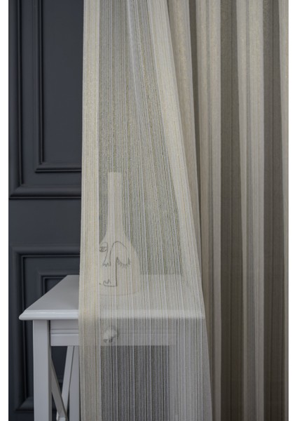 Taç Altın Çizgili 1/2 Seyrek Pile Tül Perde Tek Kanat - 100 x 250 cm